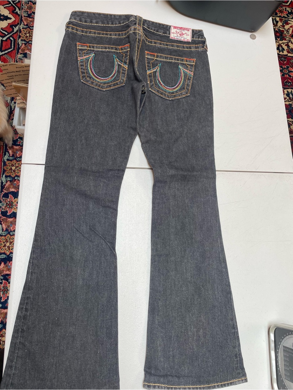 True Religion Women's Charcoal Flare Jeans with Multicolor Pocket Stitching